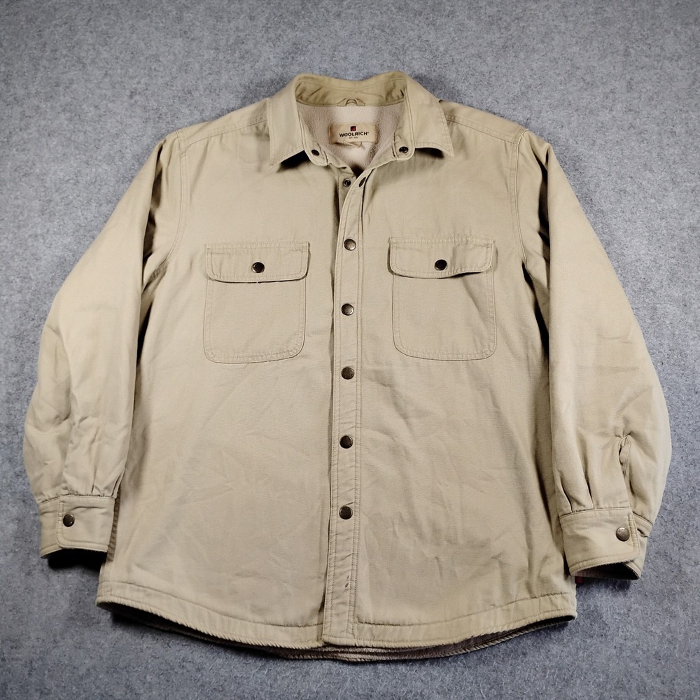 Woolrich Barley Canvas Shirt Jacket Mens Large Khaki Fleece Lined Snap Shacket